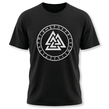 Black t-shirt featuring the Valknut symbol and Norse runes in a circular design.