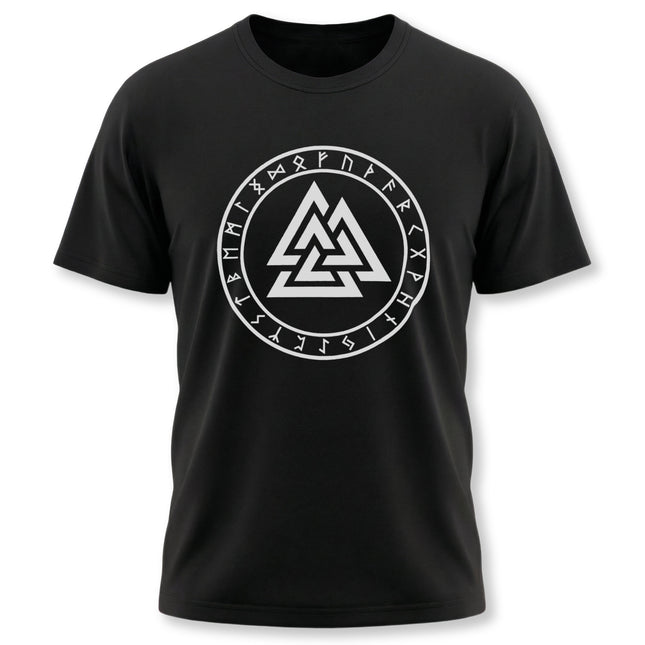 Black t-shirt featuring the Valknut symbol and Norse runes in a circular design.