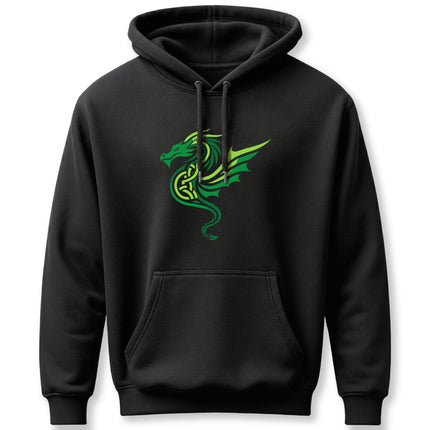 Green Celtic knotwork dragon graphic on a black unisex hoodie. Features intricate mythological design.