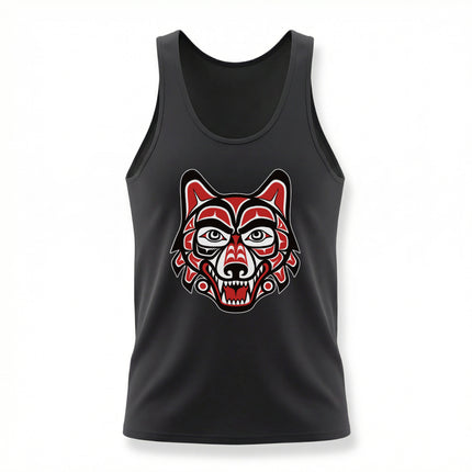 Formline art wolf head graphic in Pacific Northwest Indigenous style.
