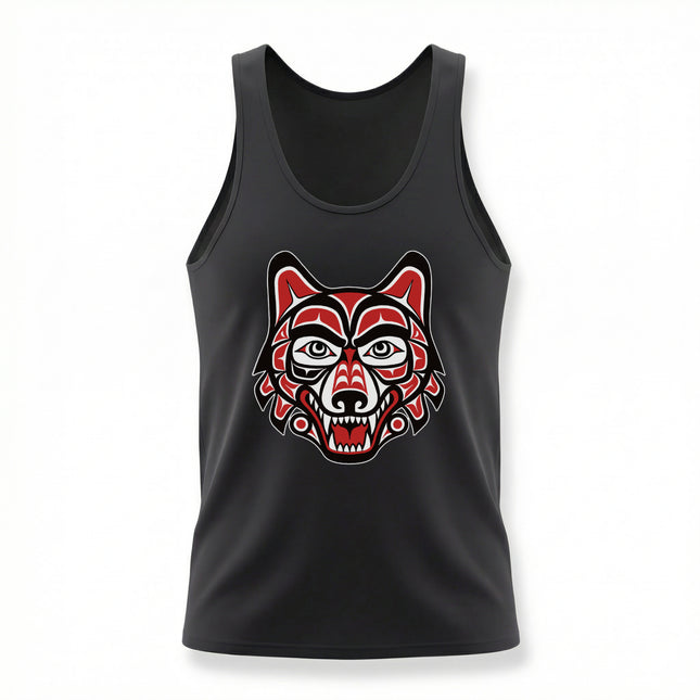 Formline art wolf head graphic in Pacific Northwest Indigenous style.
