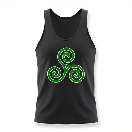 Green Celtic Triskelion spiral symbol on a black tank top.
