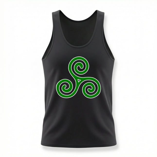 Green Celtic Triskelion spiral symbol on a black tank top.