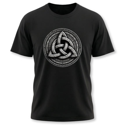 Triquetra Celtic Knot symbol graphic on a black unisex t-shirt.