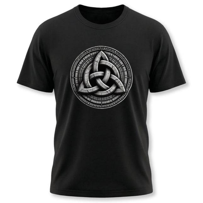 Triquetra Celtic Knot symbol graphic on a black unisex t-shirt.