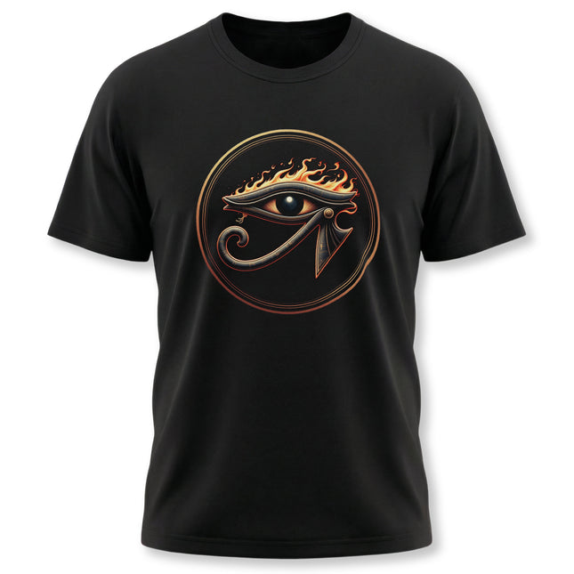 Eye of Ra symbol graphic on a black t-shirt, featuring ancient Egyptian mythology design.