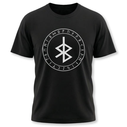 Black graphic tee featuring the Bind Rune and the full Elder Futhark Norse runes circle.