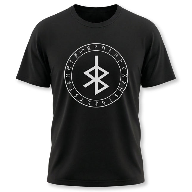 Black graphic tee featuring the Bind Rune and the full Elder Futhark Norse runes circle.