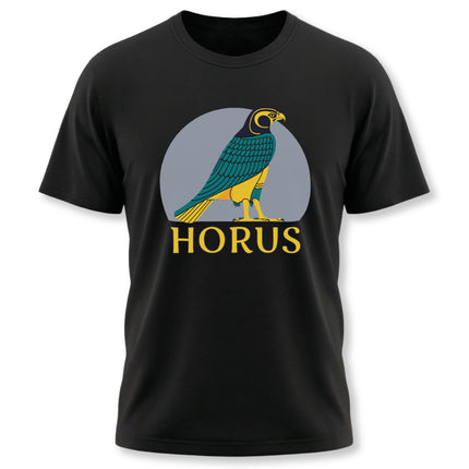 Ancient Egyptian Horus falcon god graphic tee shirt design on black apparel.