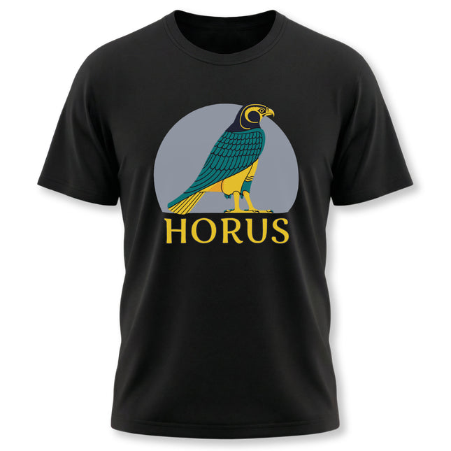 Ancient Egyptian Horus falcon god graphic tee shirt design on black apparel.