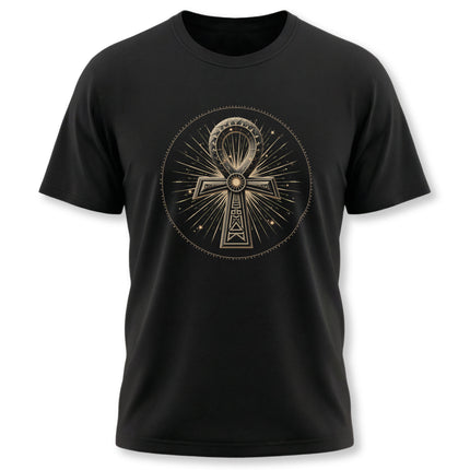 Black t-shirt with radiant Egyptian Ankh symbol graphic design.