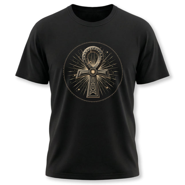 Black t-shirt with radiant Egyptian Ankh symbol graphic design.