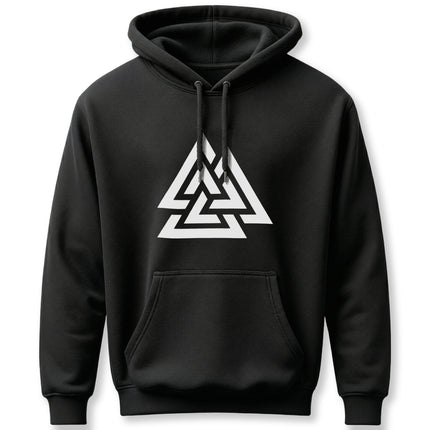 Black Norse Valknut symbol graphic on a unisex hoodie.