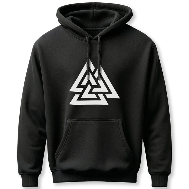 Black Norse Valknut symbol graphic on a unisex hoodie.