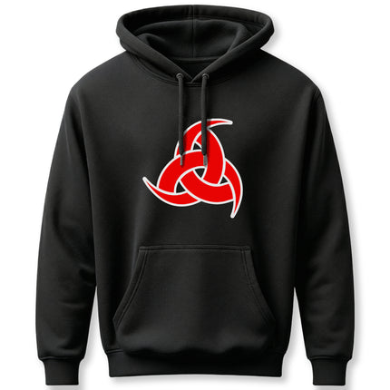 Red Odin's horns Norse symbol graphic on black pullover hoodie.