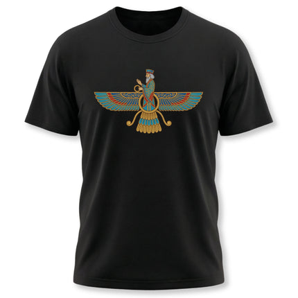 Black t-shirt featuring the Faravahar winged symbol, an ancient Zoroastrian Persian graphic tee.