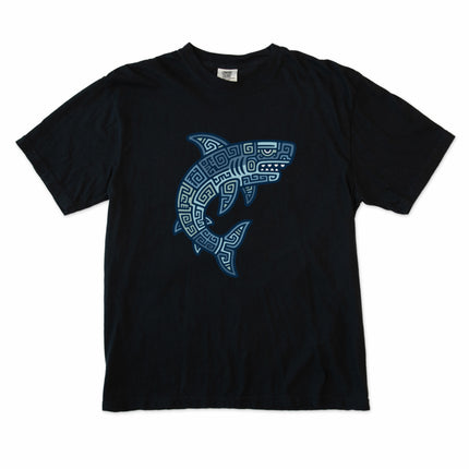 Blue geometric Mayan tribal shark graphic tee shirt design on a blue ocean background.