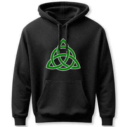 Green Celtic Triquetra knot graphic on a black pullover hoodie.