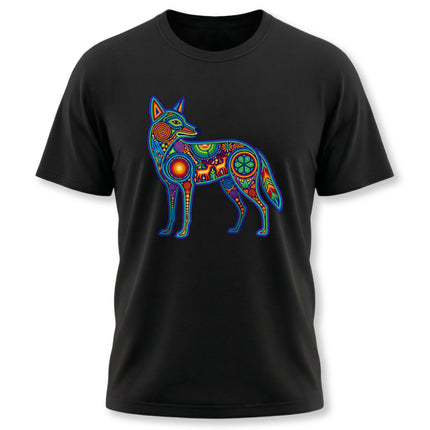 Vibrant Huichol coyote graphic tee featuring Mexican folk art style.