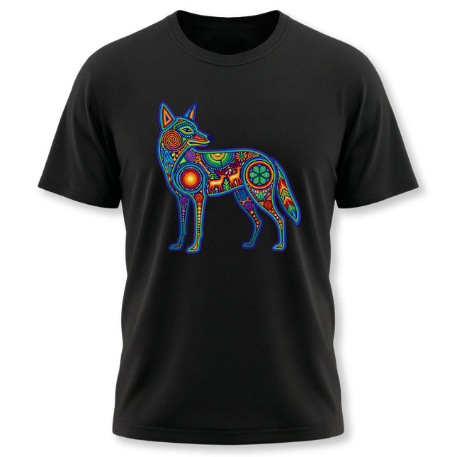 Vibrant Huichol coyote graphic tee featuring Mexican folk art style.