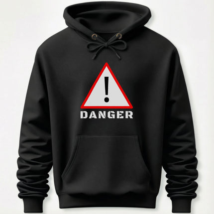 Black pullover hoodie featuring a red warning sign and bold "DANGER" text graphic.
