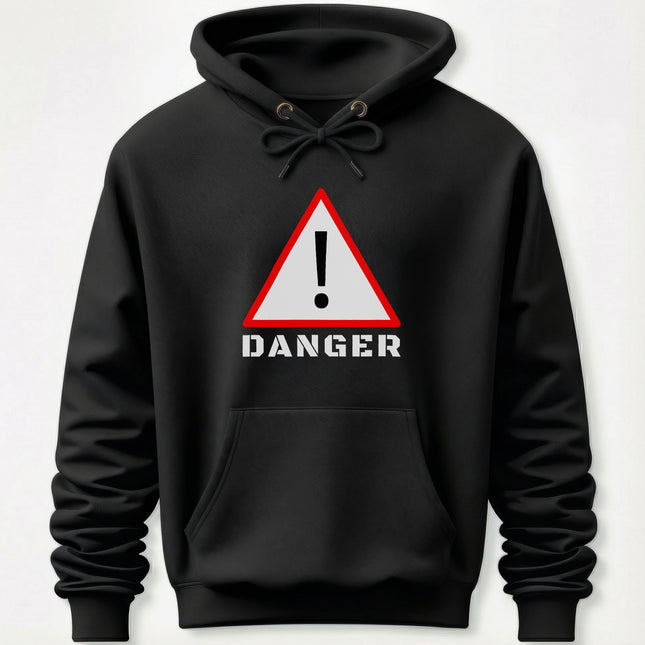 Black pullover hoodie featuring a red warning sign and bold "DANGER" text graphic.
