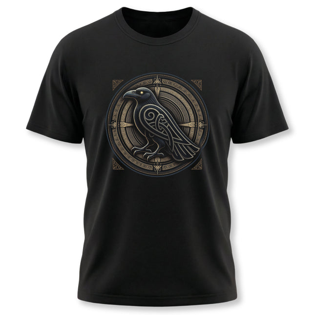Norse raven knotwork graphic tee on a black t-shirt. Viking mythology design.
