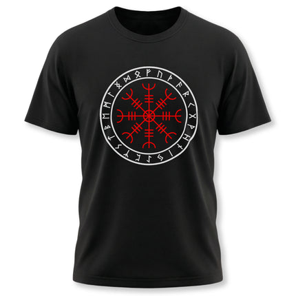 Black t-shirt featuring red Norse runes and the Aegishjalmur protective symbol graphic design.