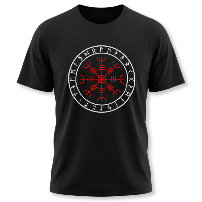 Black t-shirt featuring red Norse runes and the Aegishjalmur protective symbol graphic design.