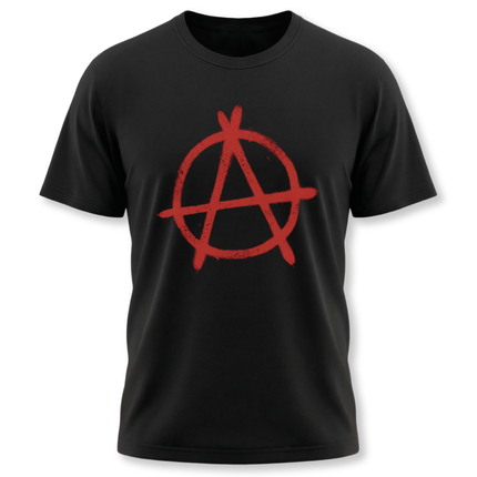 Red grunge anarchy symbol graphic on a black punk streetwear t-shirt.