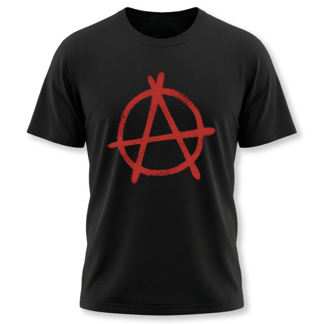 Red grunge anarchy symbol graphic on a black punk streetwear t-shirt.
