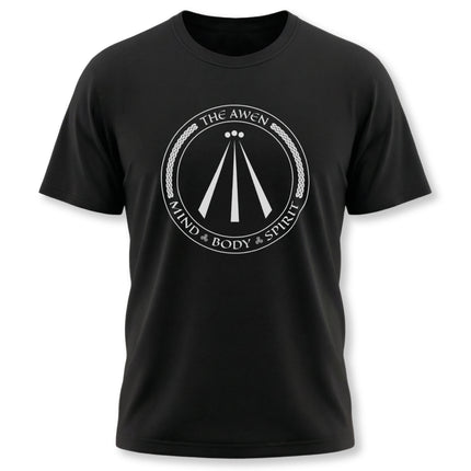 Awen Mind Body Spirit Celtic symbol graphic on a black unisex t-shirt.