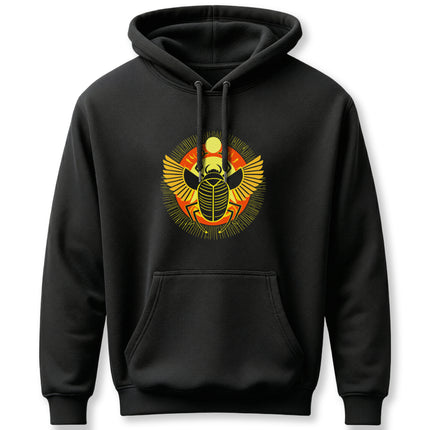 Khepri scarab beetle graphic on a black hoodie, symbolizing ancient Egyptian rebirth and mythology.