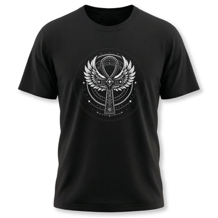 Black t-shirt with Egyptian Ankh and winged cross symbol line art design.