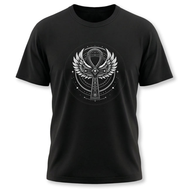 Black t-shirt with Egyptian Ankh and winged cross symbol line art design.