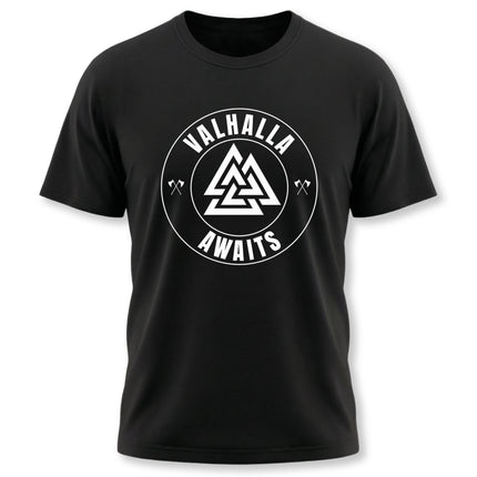 Valhalla Awaits Norse mythology graphic tee featuring a Viking symbol and Asgard warrior design.
