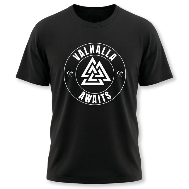 Valhalla Awaits Norse mythology graphic tee featuring a Viking symbol and Asgard warrior design.
