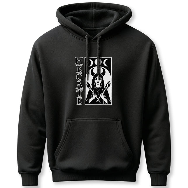 Hecate goddess witchcraft hoodie with triple moon pagan magic symbolism design.