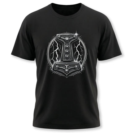 Thor's Mjolnir hammer graphic tee shirt design, featuring the powerful symbol of Norse mythology.