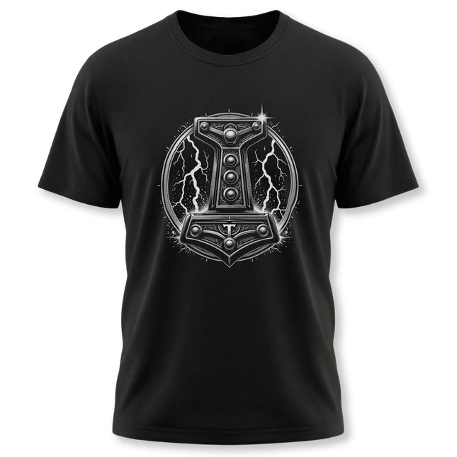 Thor's Mjolnir hammer graphic tee shirt design, featuring the powerful symbol of Norse mythology.