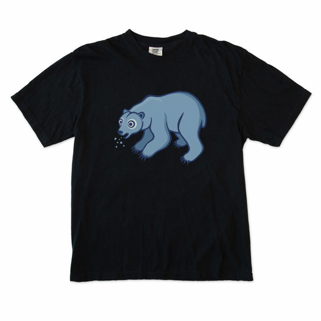 Goofy blue polar bear spitting snow graphic on a unisex arctic animal t-shirt.