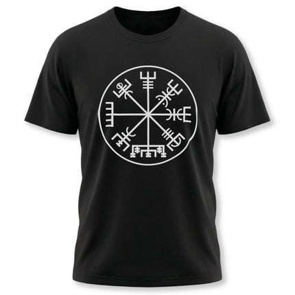 Norse Vegvisir compass symbol graphic on a black unisex t-shirt.