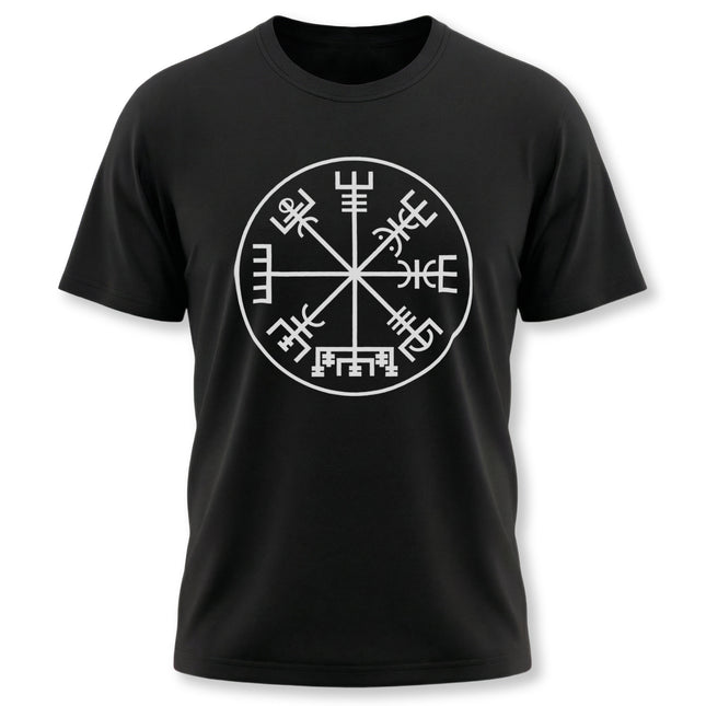 Norse Vegvisir compass symbol graphic on a black unisex t-shirt.