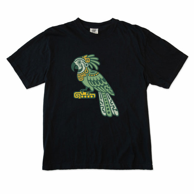 Green Mayan parrot graphic tee featuring Mesoamerican-inspired bird art.