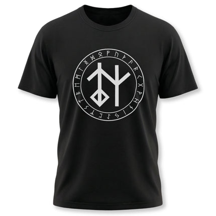 Bind rune and Futhark alphabet graphic on a black Norse mythology t-shirt.