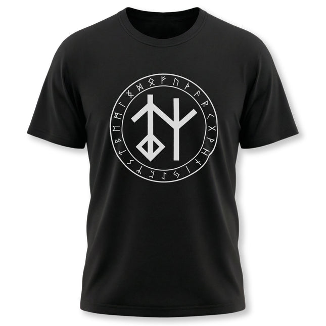 Bind rune and Futhark alphabet graphic on a black Norse mythology t-shirt.