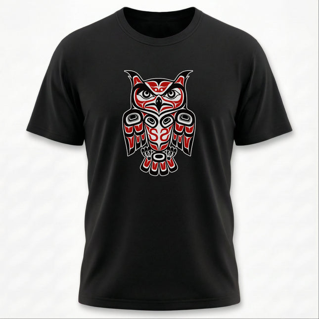 Red Black Owl T-Shirt | Pacific Northwest Indigenous Art Formline Design | Owl