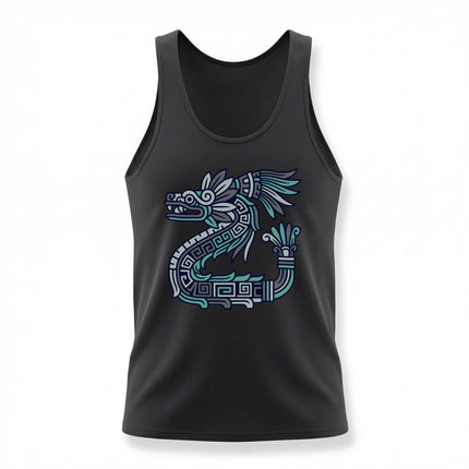 Aztec feathered serpent Quetzalcoatl graphic design in teal blue, inspired by Mesoamerican mythology.