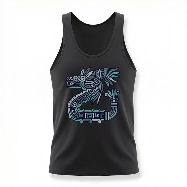 Aztec feathered serpent Quetzalcoatl graphic design in teal blue, inspired by Mesoamerican mythology.