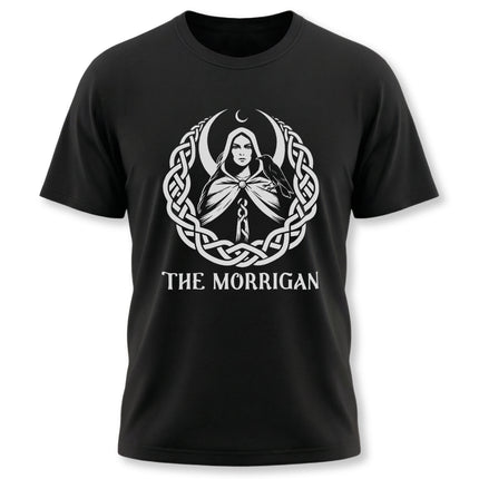 Celtic Morrigan goddess graphic featuring knotwork, raven, and crescent moon symbols.